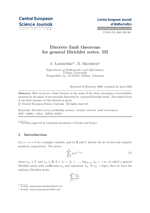 (PDF) Discrete limit theorems for general Dirichlet series. III