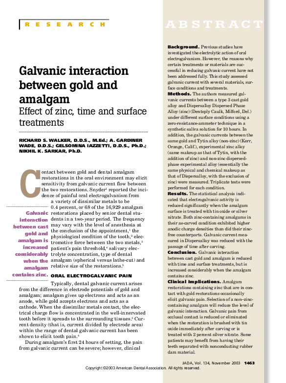 (PDF) Galvanic interaction between gold and amalgam Nikhil Sarkar