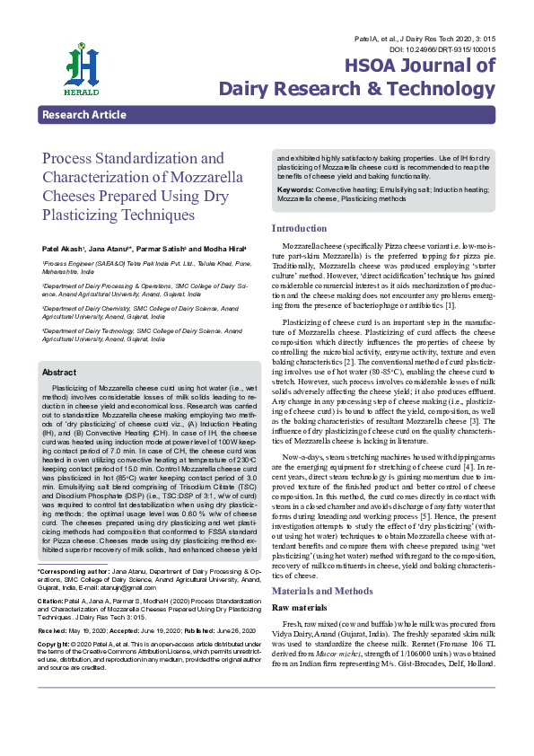 (PDF) Process Standardization And Characterization Of Mozzarella ...