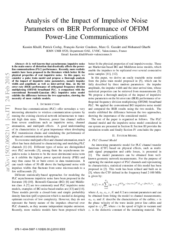 (PDF) Analysis of the Impact of Impulsive Noise Parameters on BER ...