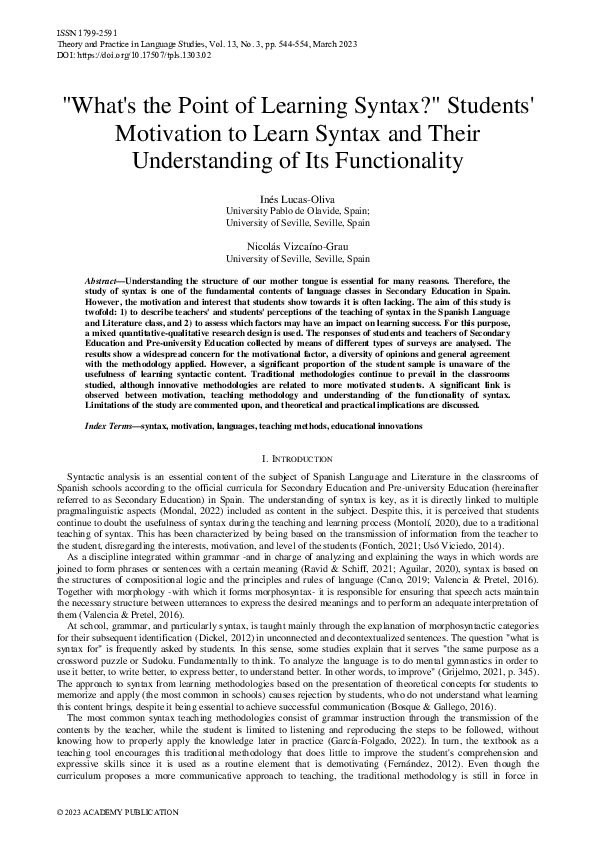 (PDF) What's the Point of Learning Syntax?" Students' Motivation to ...