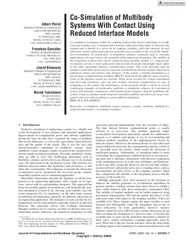 (PDF) Co-Simulation of Multibody Systems With Contact Using Reduced ...
