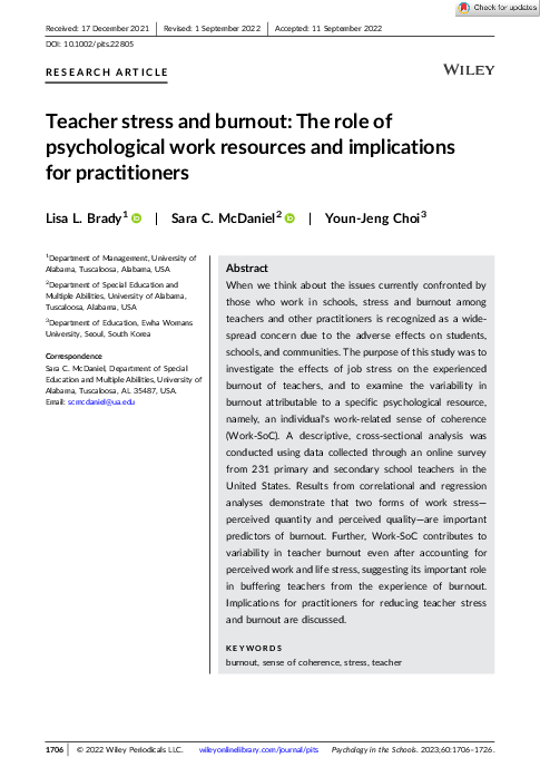(PDF) Teacher stress and burnout: The role of psychological work ...