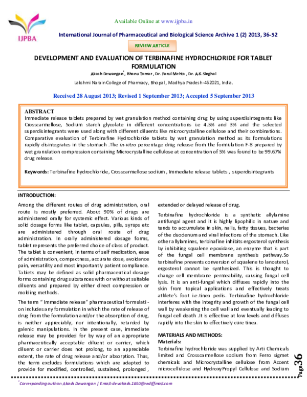 (PDF) Development and Evaluation of Terbinafine Hydrochloride for ...