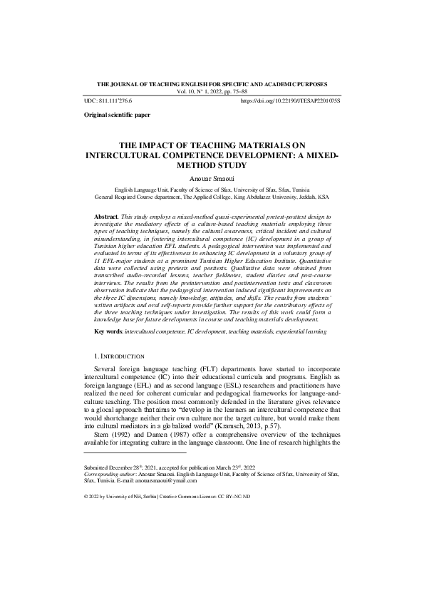 (PDF) THE IMPACT OF TEACHING MATERIALS ON INTERCULTURAL COMPETENCE ...