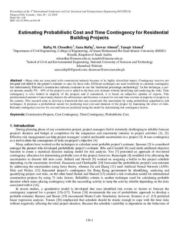 (PDF) Estimating Probabilistic Cost and Time Contingency for ...