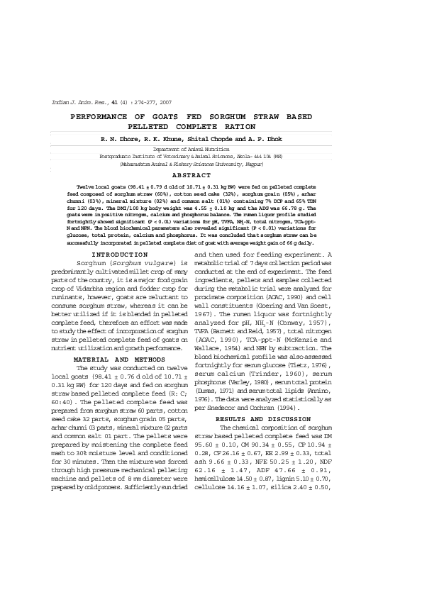 (PDF) Performance of Goats Fed Sorghum Straw Based Pelleted Complete Ration