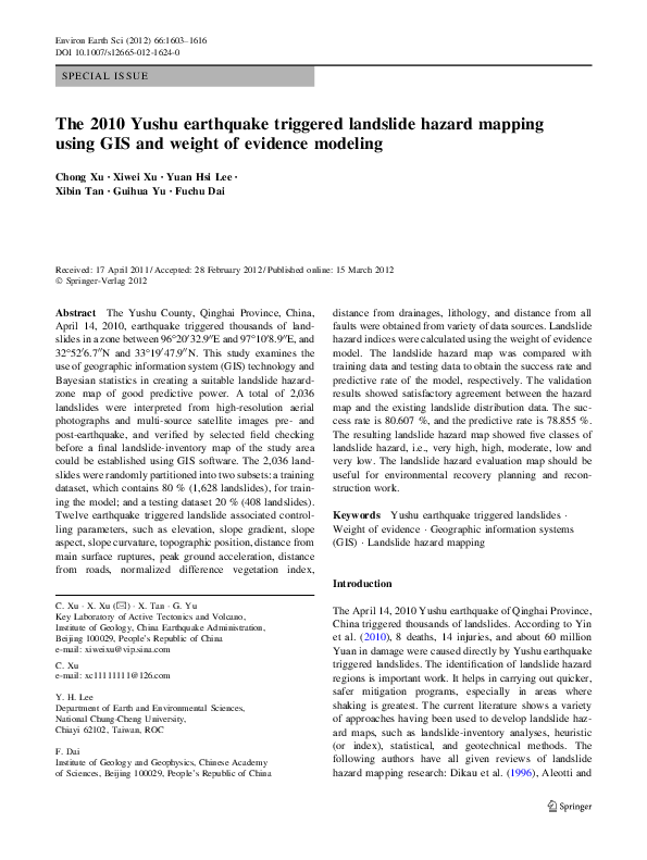  pdf the 2010 yushu earthquake triggered landslide hazard mapping