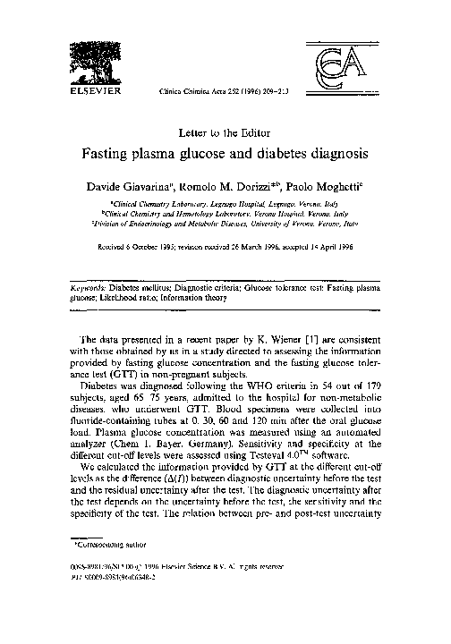 (PDF) Fasting plasma glucose and diabetes diagnosis