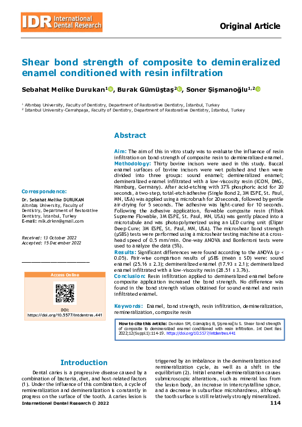 (PDF) Shear bond strength of composite to demineralized enamel ...