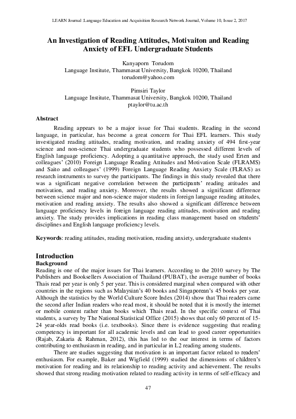 (PDF) An Investigation of Reading Attitudes, Motivaiton and Reading ...