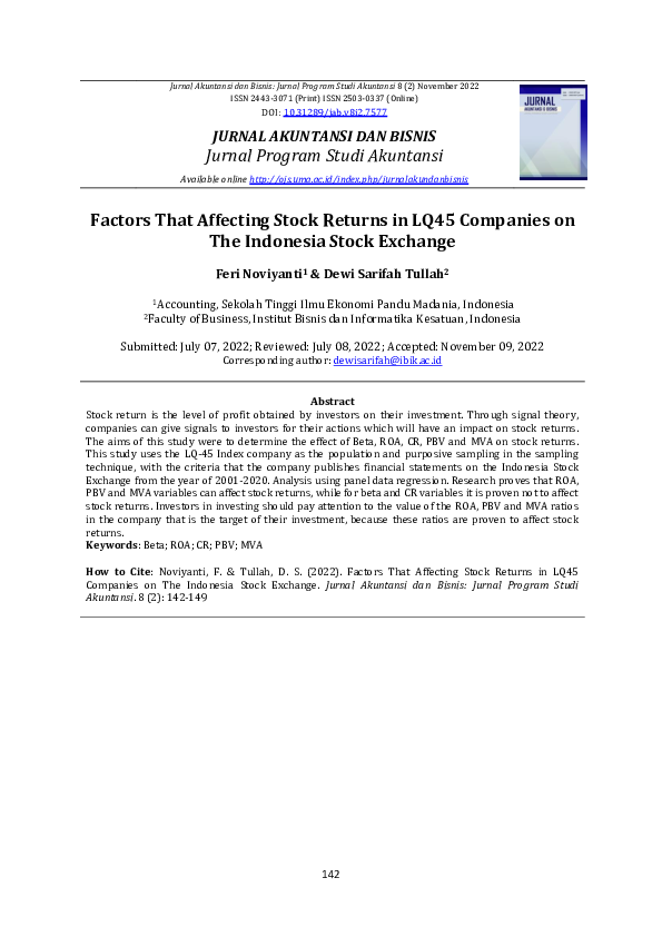 (PDF) Factors That Affecting Stock Returns in LQ45 Companies on The ...