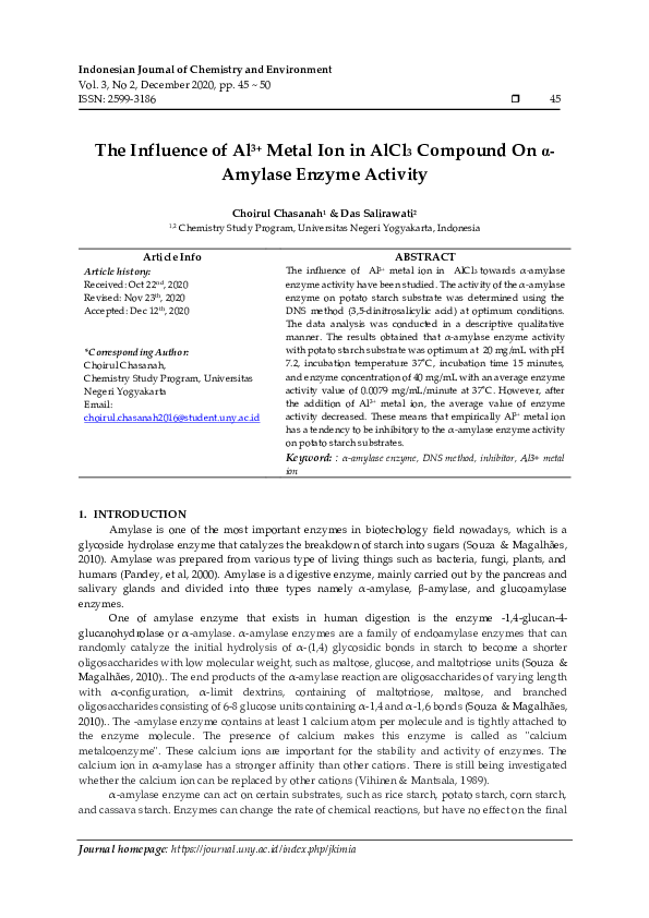 (PDF) The Influence of Al3+ Metal Ion in AlCl3 Compound On α- Amylase ...