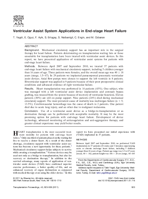 (PDF) Ventricular Assist System Applications in Endstage Heart Failure