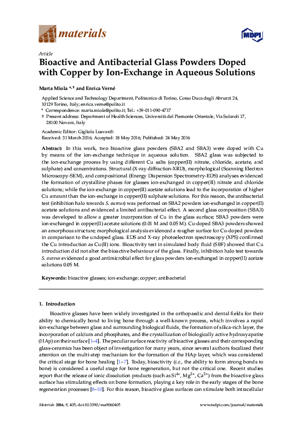 (PDF) Bioactive and Antibacterial Glass Powders Doped with Copper by ...