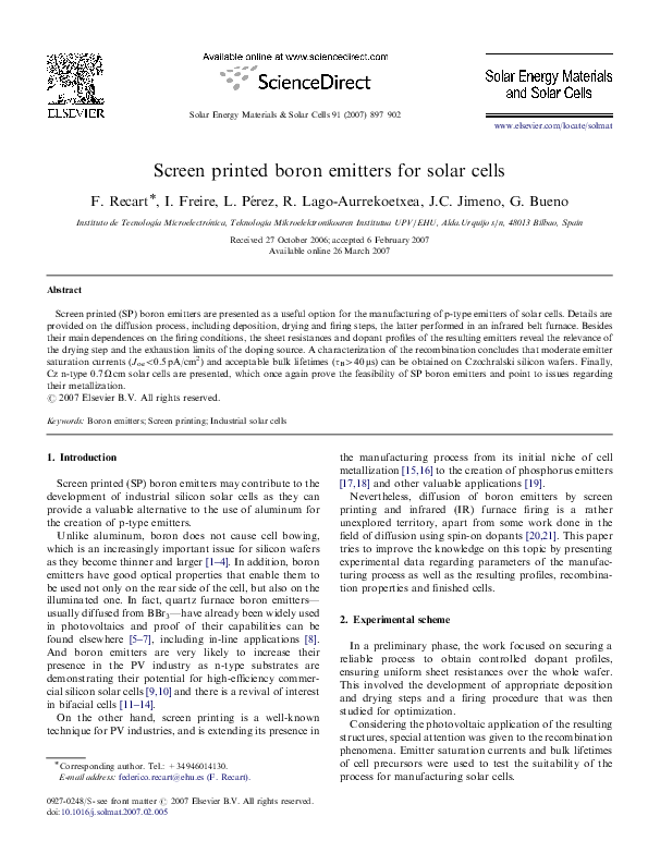 (PDF) Screen printed boron emitters for solar cells