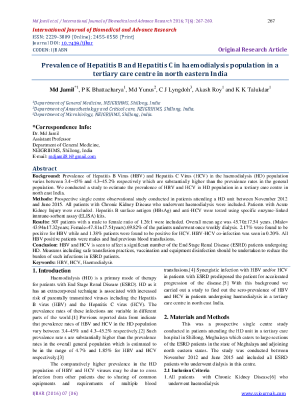 (PDF) Prevalence of hepatitis B and hepatitis C in haemodialysis patients