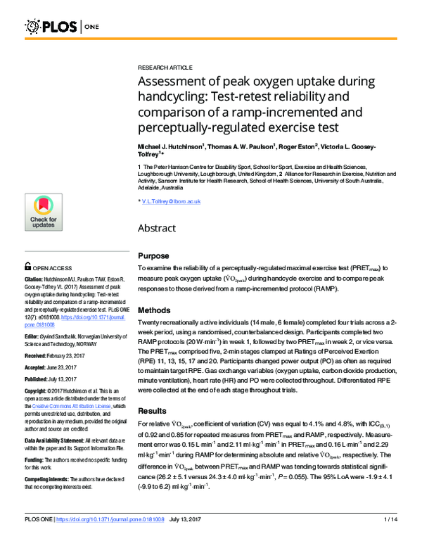 (PDF) Assessment of peak oxygen uptake during handcycling: Test-retest ...