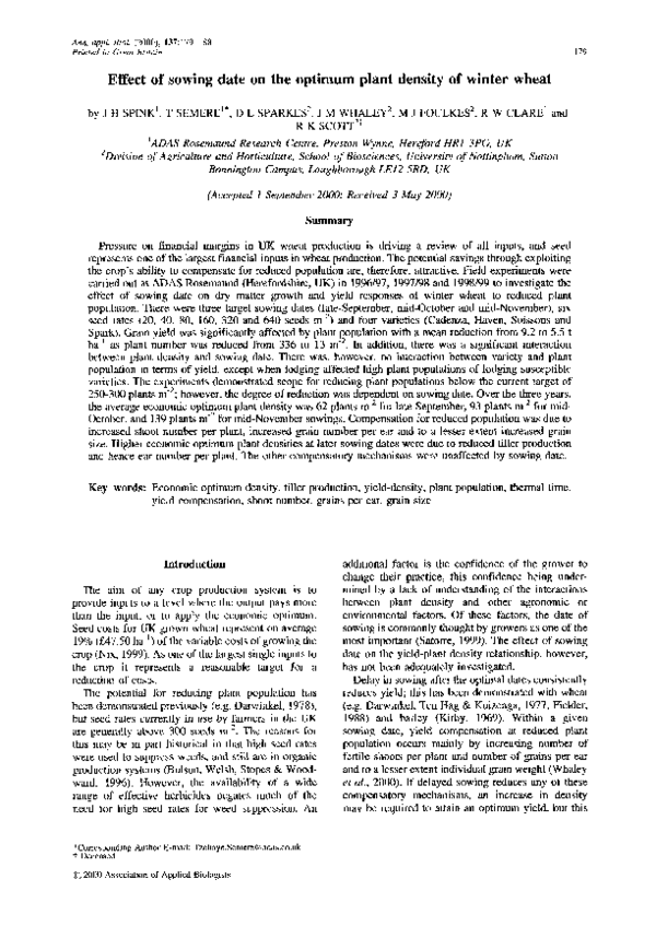 (PDF) Effect of sowing date on the optimum plant density of winter wheat