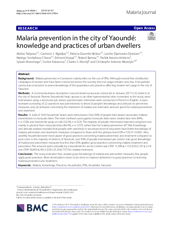 (PDF) Malaria prevention in the city of Yaoundé: knowledge and ...