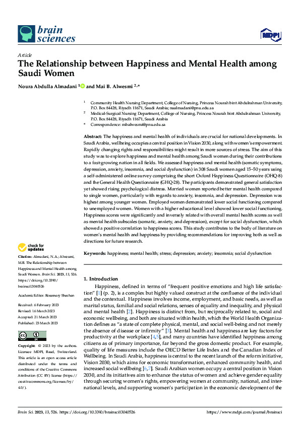 (PDF) The Relationship between Happiness and Mental Health among Saudi ...