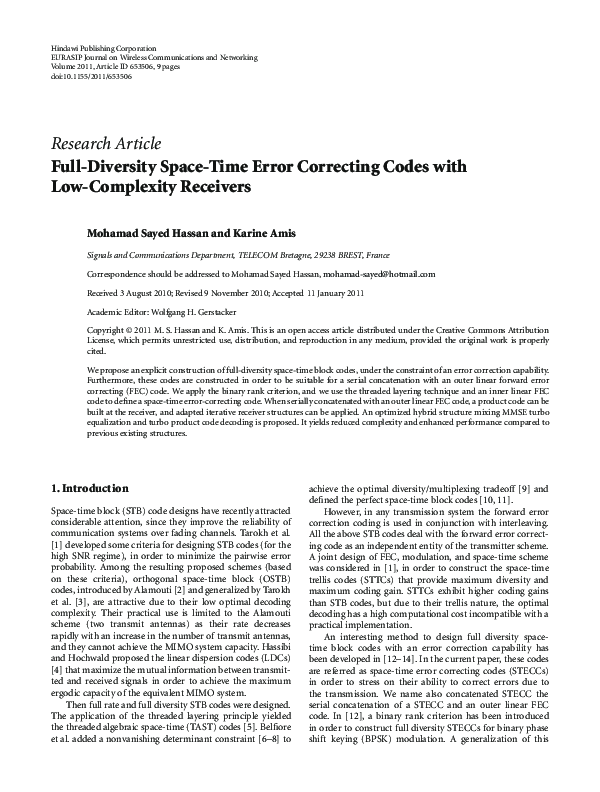 (PDF) Full-Diversity Space-Time Error Correcting Codes with Low ...