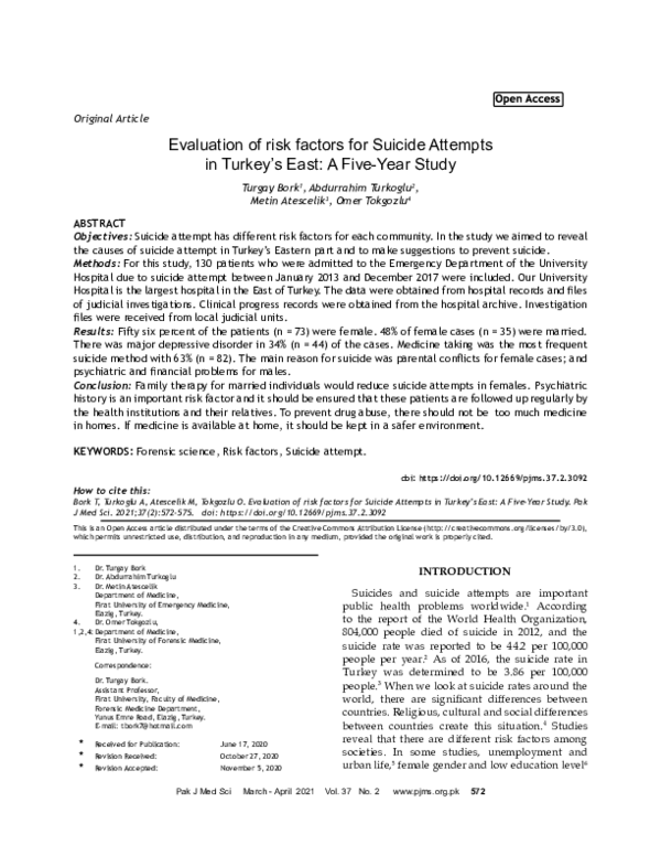 (PDF) Evaluation of risk factors for Suicide Attempts in Turkey’s East ...