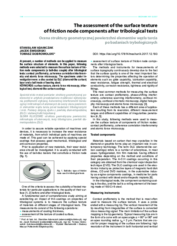 (PDF) The assessment of the surface texture of friction node components ...