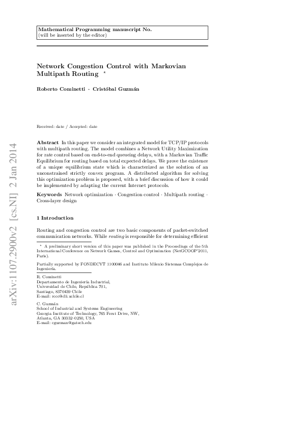 (PDF) Network congestion control with Markovian multipath routing