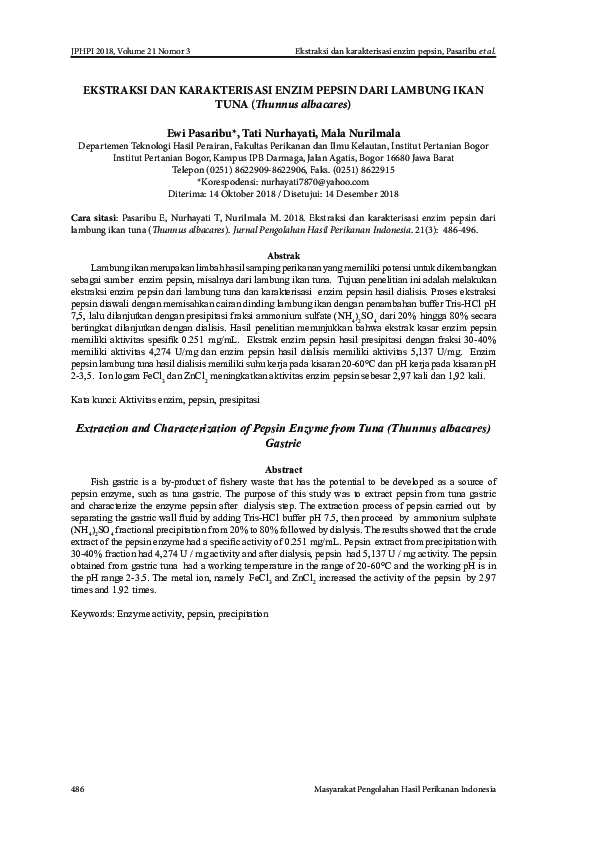 (PDF) Extraction and Characterization of Pepsin Enzyme from Tuna