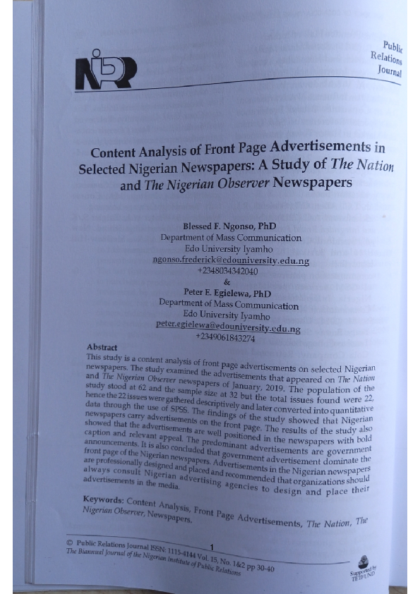(PDF) Press Coverage of Front Page Ads A content analysis of selected ...
