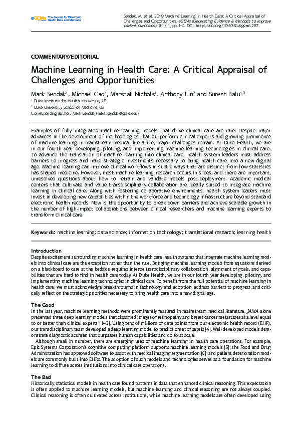 (PDF) Machine Learning in Health Care: A Critical Appraisal of ...