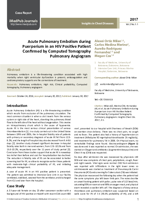 (PDF) Acute Pulmonary Embolism during Puerperium in an HIV Positive ...