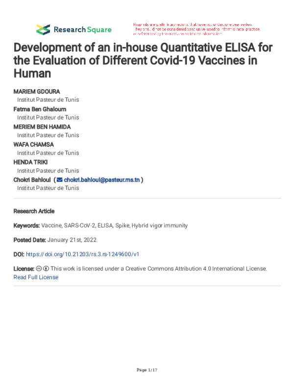(PDF) Development of an in-house Quantitative ELISA for the Evaluation ...