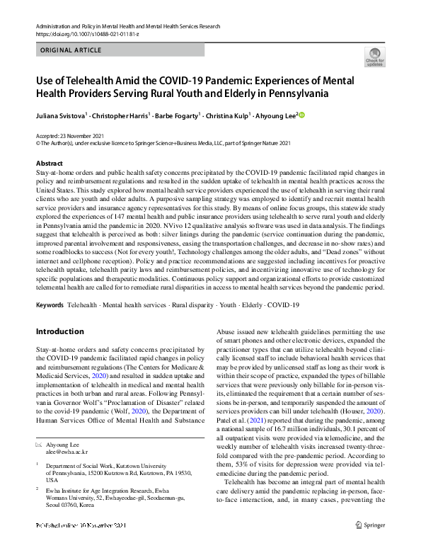 (PDF) Use of Telehealth Amid the COVID-19 Pandemic: Experiences of ...