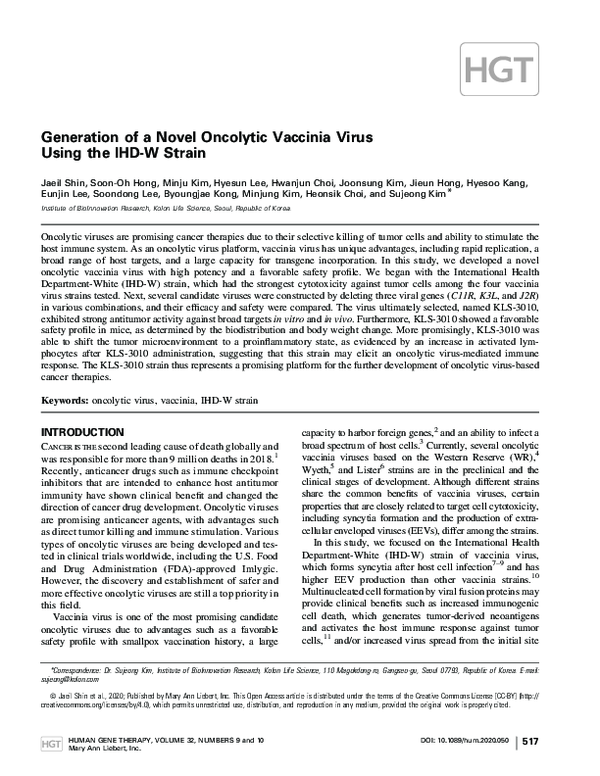 (PDF) Generation of a Novel Oncolytic Vaccinia Virus Using the IHD-W Strain