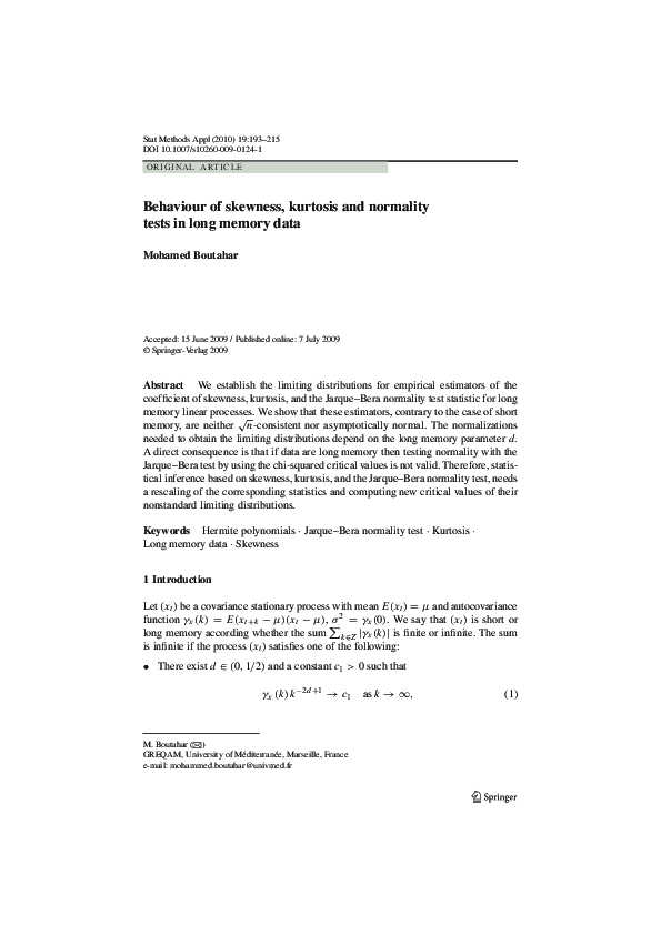 (PDF) Behaviour of skewness, kurtosis and normality tests in long ...