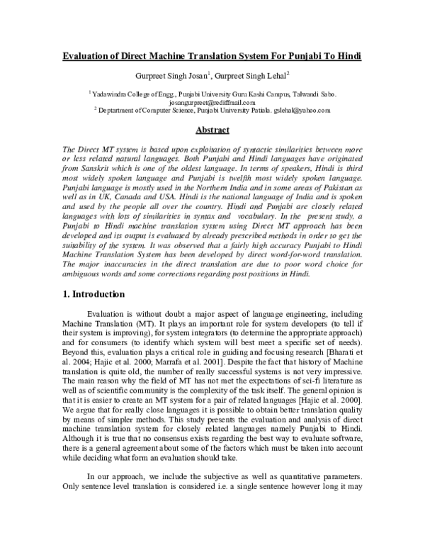 (PDF) Evaluation of Direct Machine Translation System from Punjabi to Hindi
