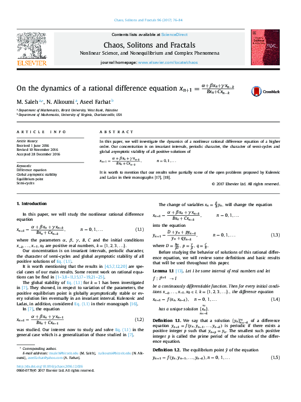 (PDF) On the dynamics of a rational difference equation xn+1=α+βxn+γxn− ...