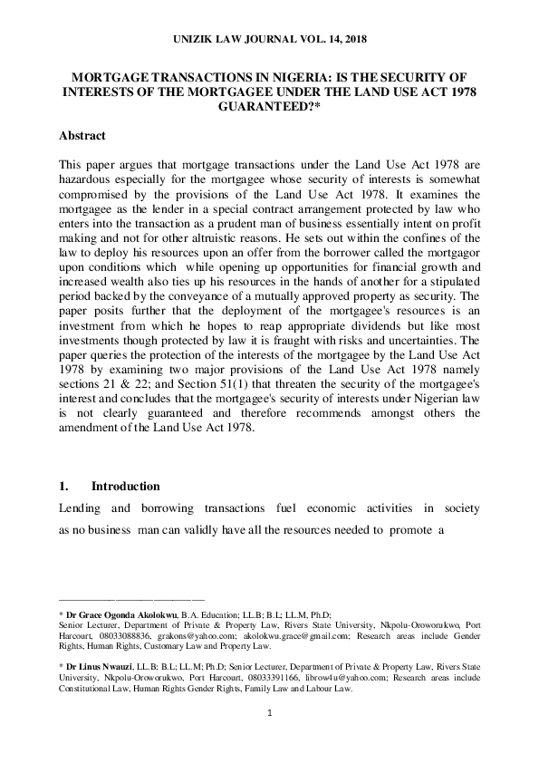 (PDF) Mortgage Transactions in Nigeria Is the Security of Interests of