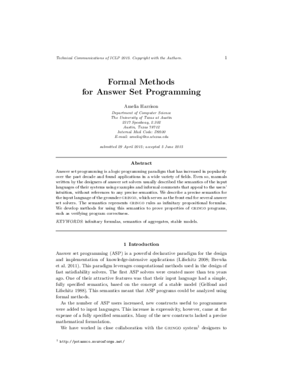 (PDF) Formal Methods for Answer Set Programming