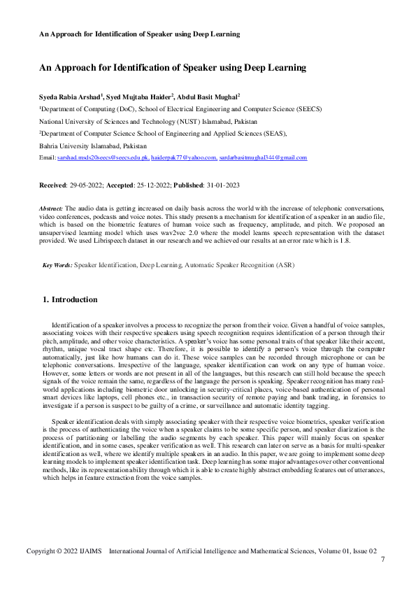 (PDF) An Approach for Identification of Speaker using Deep Learning