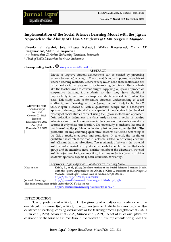 (PDF) Implementation of the Social Sciences Learning Model with the ...