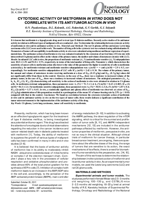 (PDF) Cytotoxic Activity of Metformin in Vitro Does Not Correlate with ...
