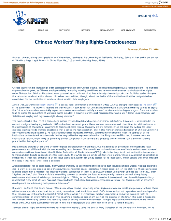 (PDF) Chinese Workers’ Rising Rights-Consciousness