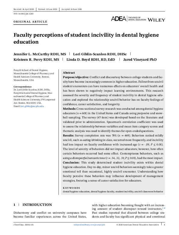 (PDF) Faculty perceptions of student incivility in dental hygiene education