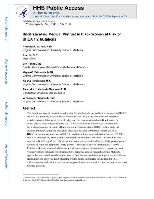 (PDF) Understanding Medical Mistrust in Black Women at Risk of BRCA 1/2 ...