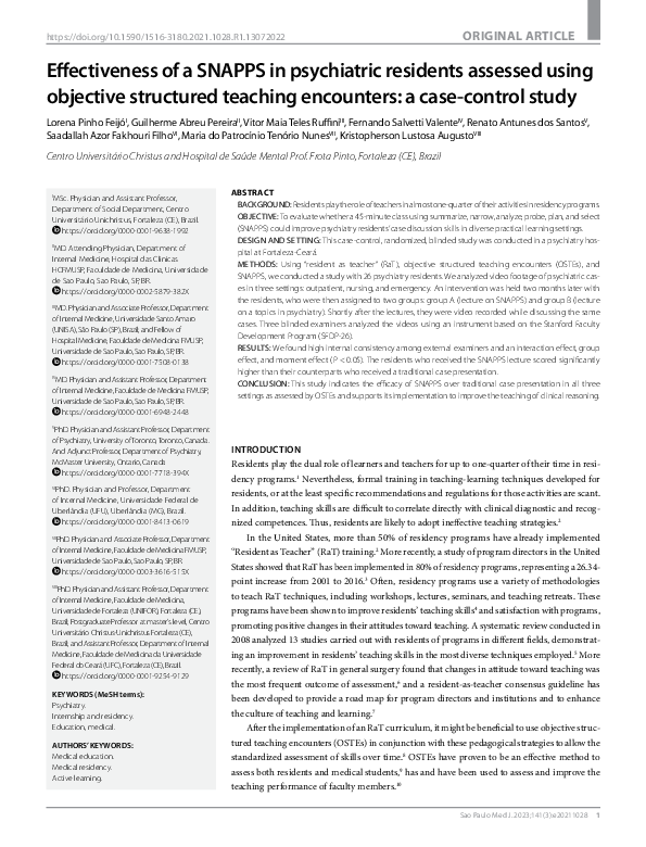 (PDF) Effectiveness of a SNAPPS in psychiatric residents assessed using ...