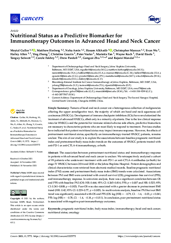 (PDF) Nutritional Status as a Predictive Biomarker for Immunotherapy ...