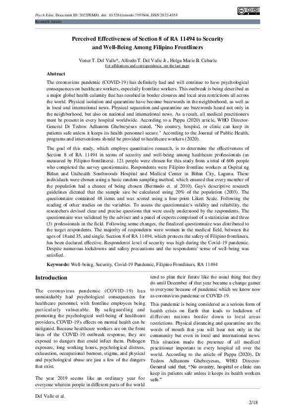 (PDF) Perceived Effectiveness of Section 8 of RA 11494 to Security and ...